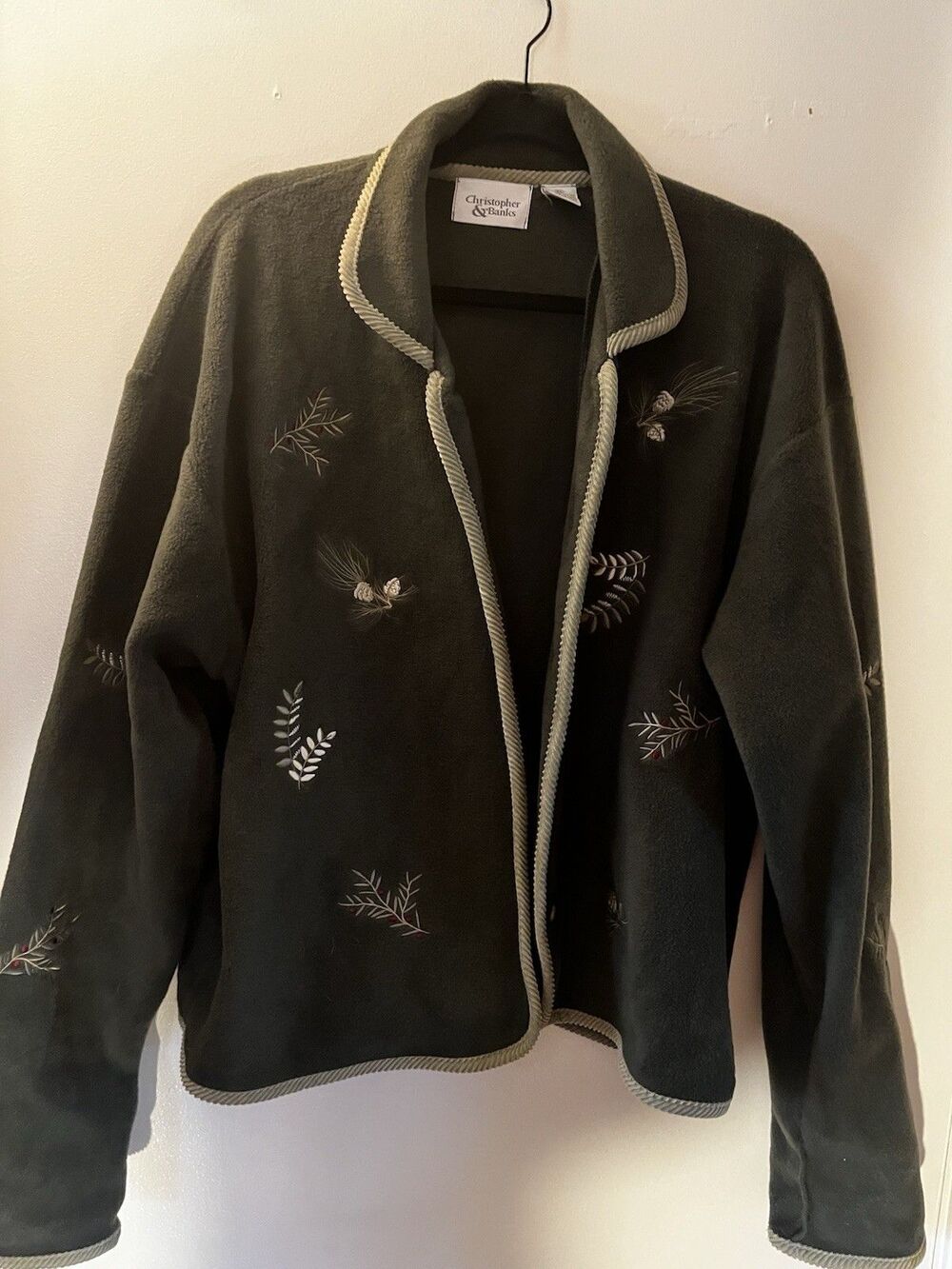 Vintage Christopher & Banks Fleece Cardigan Embroidered Pinecones XL
